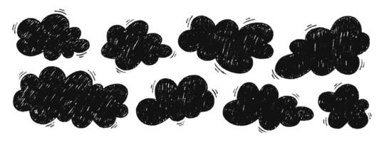 Crayon hand drawn doodle style clouds set with pastel texture. Chalk grunge in kids style, speech bubble. illustration vector