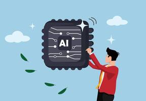 Holding AI, adoption of Artificial Intelligence, users or people who use AI to help and support work success, business people carry AI processing chips vector