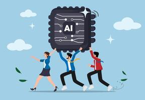 Group of people holding AI, adoption of Artificial Intelligence, users or people who use AI to help and support work success, business people carrying AI processing chips vector