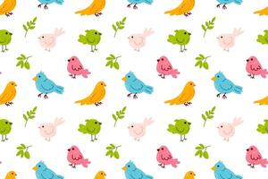 Seamless pattern of adorable birds and green leaves on a white background. Great for nursery decor, greeting cards, and textiles vector