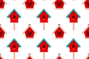A minimalist seamless pattern of red birdhouses on a white background. Perfect for simple, cozy, and rustic design projects vector