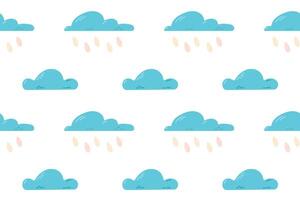 A seamless pattern of fluffy blue clouds with raindrops on a white background. Ideal for weather-themed designs and children's textiles. vector