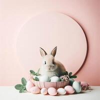 A rabbit is sitting in a basket with eggs photo