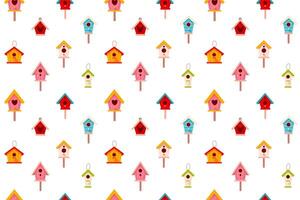 Seamless repeating pattern of bright red and yellow birdhouses. Ideal for wallpaper, wrapping paper, and fabric vector