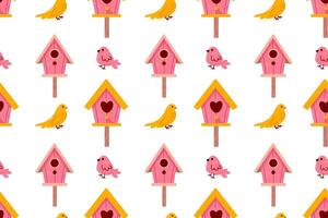 Seamless pattern featuring pastel birdhouses and cute birds on a white background. Perfect for fabric, wrapping paper, and spring-themed designs. vector