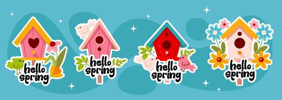 A collection of colorful birdhouse stickers with flowers and Hello Spring text. Perfect for seasonal decorations, scrapbooking, and greeting cards. vector