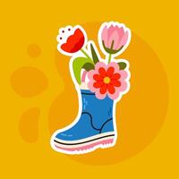 Blue rubber boot filled with spring tulips. Ideal for crafts, digital stickers, and floral designs. vector