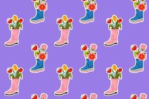 A seamless pattern of floral rain boots on a purple background. A fun and playful design for fabric, stationery, and seasonal decor. vector