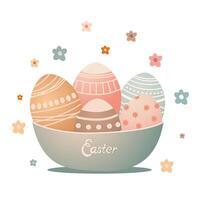 five colorful easter eggs in big green bowl with gradien effect. easter with group of five colorful eggs vector