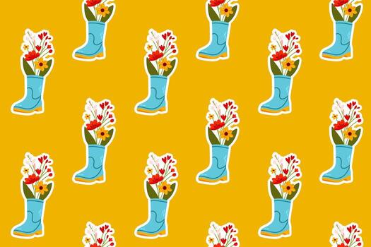 A seamless pattern of floral boots on a yellow background. A bright and cheerful design for seasonal projects, fabrics, and digital use. vector