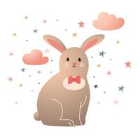 one cute easter beige bunny with coloful stars and pink clouds with gradien effect. easter art with sweet rabbit vector