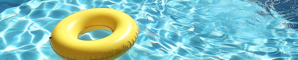 Yellow inflatable ring floating in swimming pool, panoramic banner photo