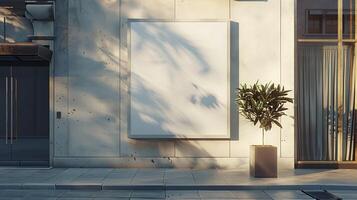 Blank white poster on a concrete wall of a building. Layout, photo