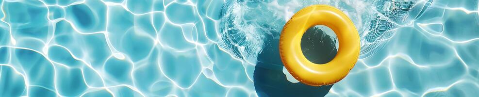Yellow inflatable ring floating in swimming pool, panoramic baner photo