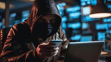 cropped view of hacker in mask using laptop and smartphone in office photo