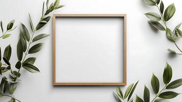 Wooden frame mockup with green leaves on white background. 3d rendering photo