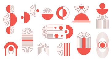 Abstract geometric line elements, mid century shapes set. Design contemporary figures circle, arch, wave, retro sunrise icon. Editable stroke. vector