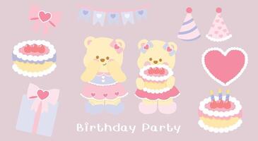 bears celebrate a pink strawberry cake birthday vector
