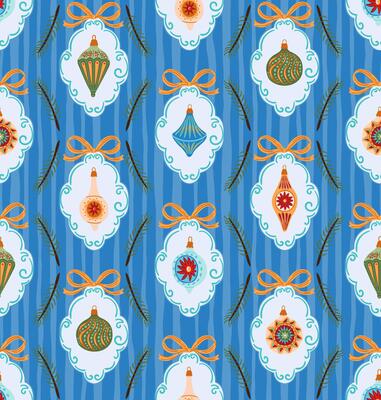 Vintage Christmas Ornaments and Coquette Bow knots seamless pattern. Xmas holiday baubles texture