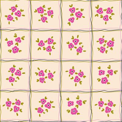 Preppy bouquet on checkered background. Coquette small flowers trellis seamless Gingham pattern