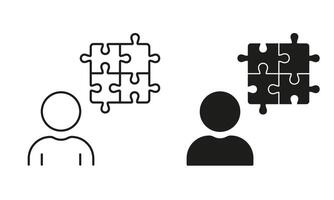 Person with Puzzle Matching Line and Silhouette Icon Set. Business Cooperation, Brainstorming Pictogram. Editable Stroke. Isolated Illustration vector