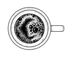 illustration of a coffee cup in black and white, viewed from the top. Hand drawn line art of espresso or brewed coffee. Isolated sketch with vintage engraving style. With background vector