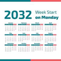 2032 calendar with week start on Monday vector