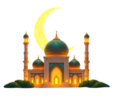 islamic mosque with moon and crescent on transparent background png