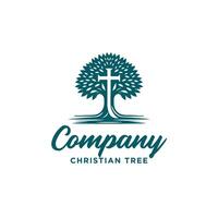 rustic retro tree with cross for christian chruch community logo design vector