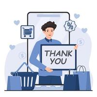 Online shopping appreciation concept with a thank you message. Man holding a sign with text Thank you. vector