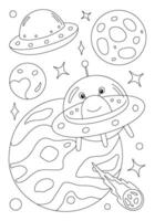 Coloring page with alien flying on spaceship between planets. template for children coloring book, print and poster. vector