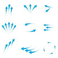 Air flow. Bblue arrows showing direction of air movement. Wind direction arrows. Blue cold fresh stream from the conditioner. vector
