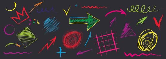 Arrow abstract brush line stroke color set. Kid color paint square, spiral, arrow element shape scribble line brush hand drawn sketch design. vector