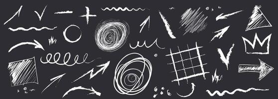 Arrow abstract brush line stroke set. Kid color paint square, spiral, arrow element shape scribble line brush hand drawn sketch design. vector