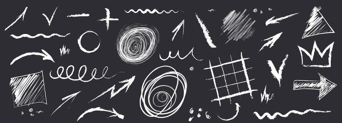 Arrow abstract brush line stroke set. Kid color paint square, spiral, arrow element shape scribble line brush hand drawn sketch design.