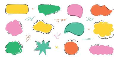 Color crayon speech bubble set in trendy doodle style. Chalk balloons for text, chat, dialog icon. Hand drawn child frames, cloud, talk box. Isolated illustrati vector
