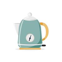 Illustration of an electric kettle in retro style with a teal body and yellow handle, isolated on white background. Perfect for designs, branding, and kitchen-themed projects vector