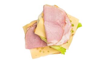 Prosciutto Cotto Ham and cheese sandwich, toast with sliced meat, cheese and lattice isolated on white background. top view photo
