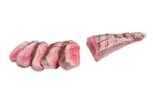 Grilled Lamb tenderloin steak, roast mutton fillet meat with herbs isolated on white background. top view photo