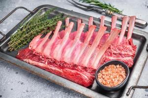 Raw mutton meat for chops steaks, uncooked rack of lamb on steel tray with herbs. grey background. top view photo