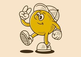 walking ball head character wearing a hat with hands forming a peace symbol in retro style vector
