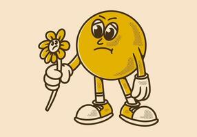 Ball head mascot character in sad expression holding wilted sunflower in retro look vector