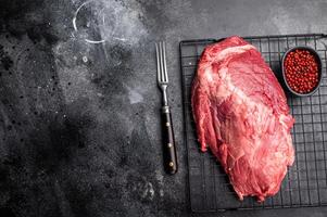 Close-up of raw boneless beef shank cuts, highlighting their tender texture and vibrant hue, ideal for culinary enthusiasts seeking quality ingredients. black background. top view photo