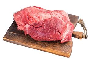 Fresh raw boneless beef shank displayed on a wooden cutting board, showcasing its rich color and marbling, perfect for hearty soups and stews. isolated on white background. top view photo