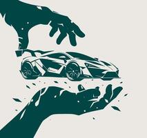A hand holding a car and a hand reaching out to it vector