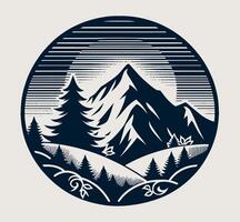 A mountain landscape with trees and a sun vector