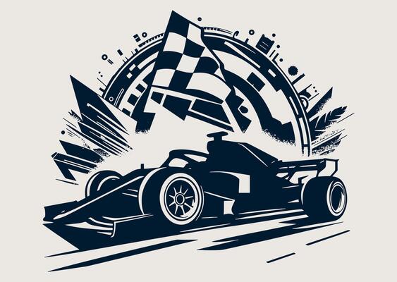 A racing car with a checkered flag on it with a background.