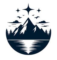 Mountains and lake with stars and birds with a background. vector