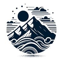 Mountains and waves in a circle with a sun and moon vector