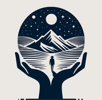 A hand holding a mountain and a person standing in front of it vector